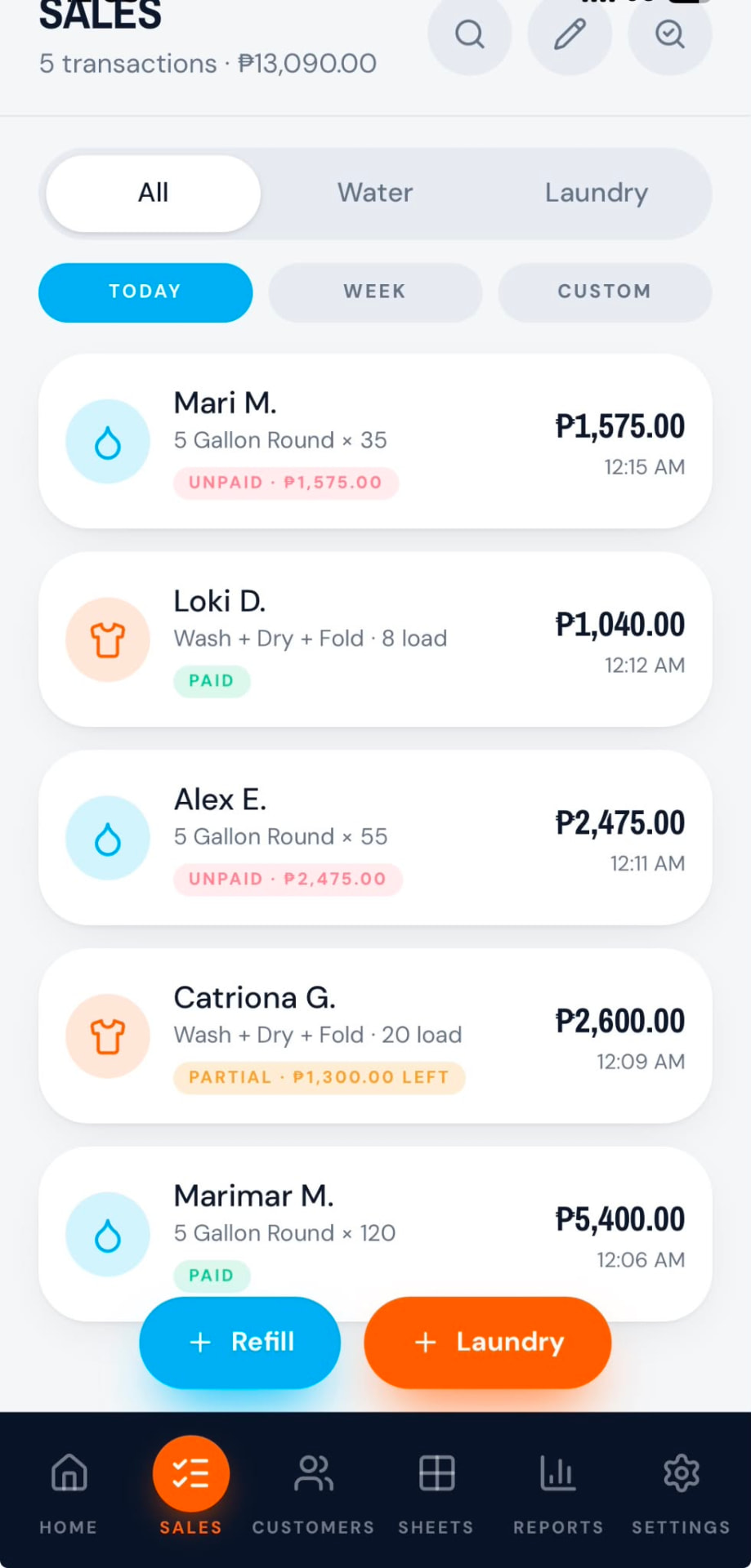 Sales page with All, Water and Laundry tabs, date filters and floating Refill and Laundry buttons