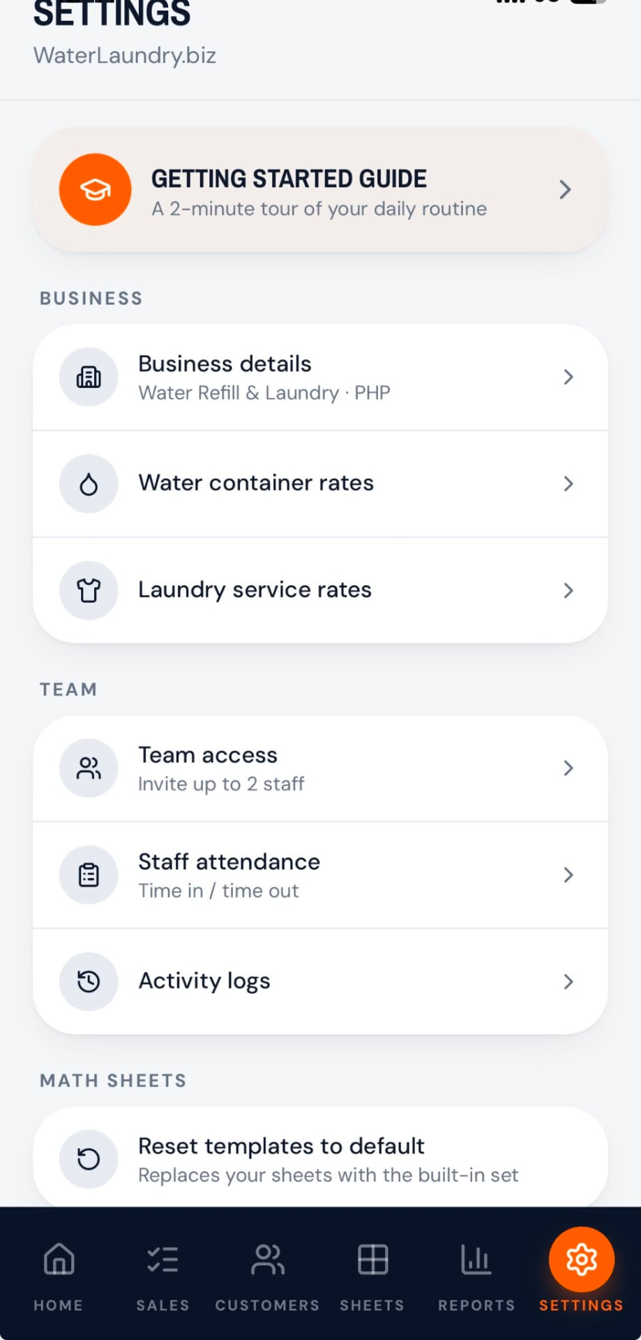 Settings page with business details, rates, team access, staff attendance and math sheet options