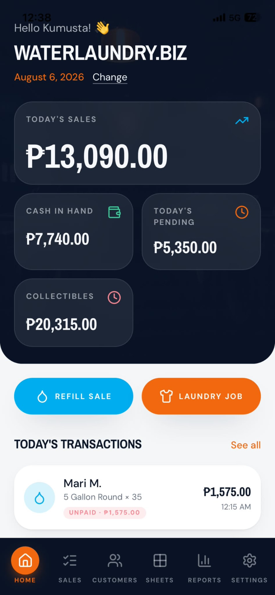 WaterLaundry home dashboard showing today's sales, cash in hand, pending and collectibles