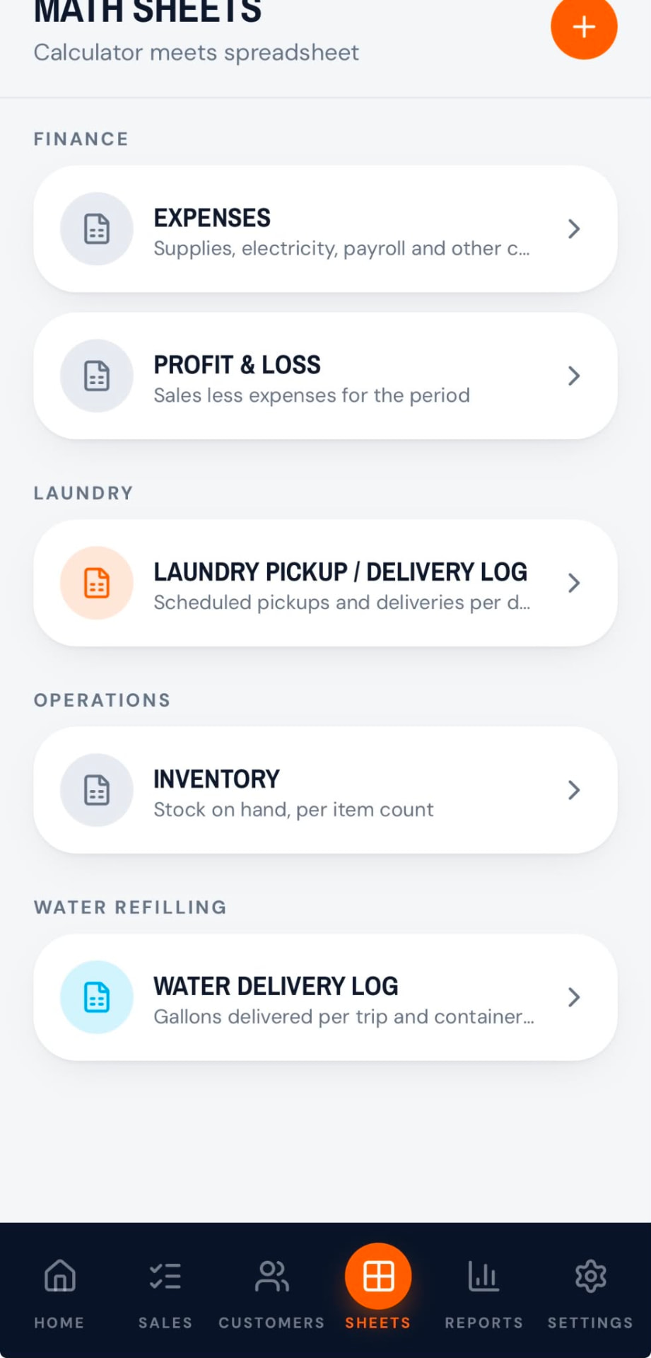 Math Sheets page listing Expenses, Profit and Loss, laundry log, inventory and water delivery log