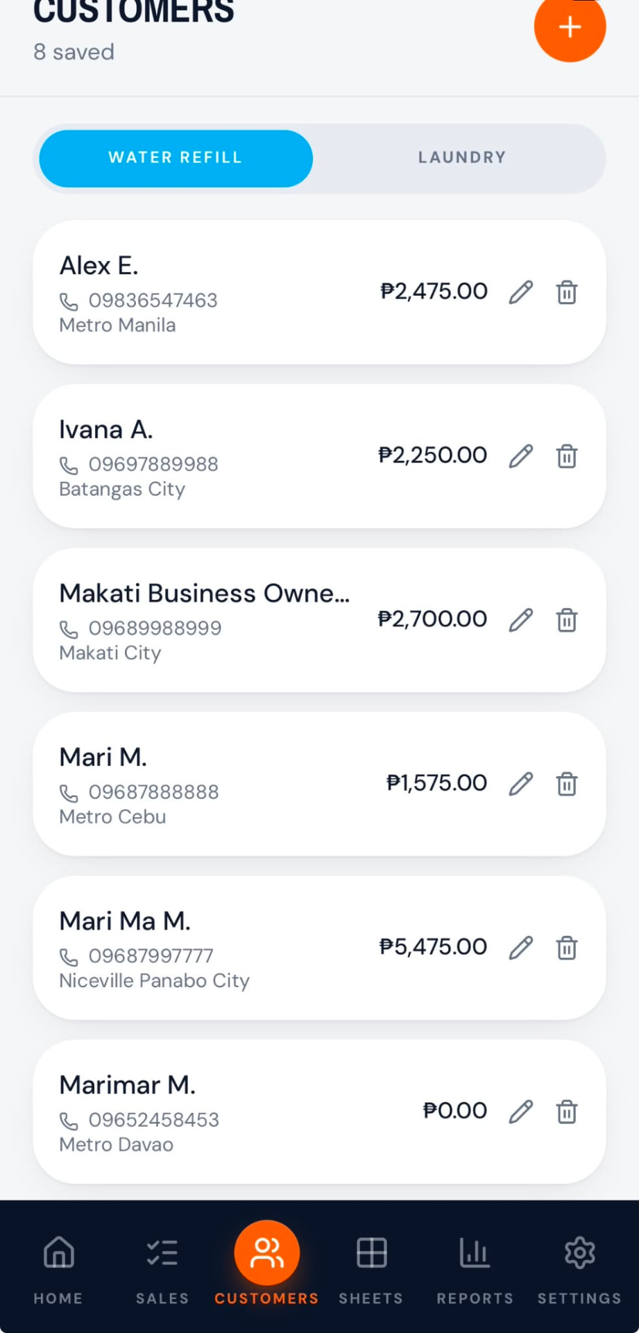 Customers page listing saved customers with balances, edit and delete buttons and an orange add button